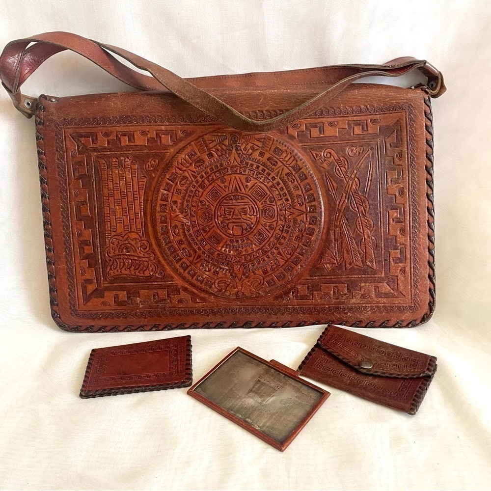 Vintage Brown Tooled Leather Shoulder Bag with Aztec Medallion